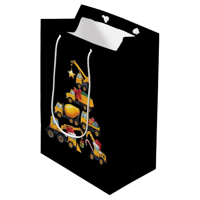 Christmas Excavator Construction Truck Tree Medium Gift Bag (Front Angled)