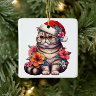 Christmas Exotic shorthair Cat, Floral Santa Kitty Ceramic Ornament