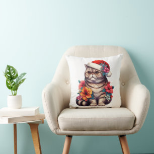 Christmas Exotic shorthair Cat, Floral Santa Kitty Cushion