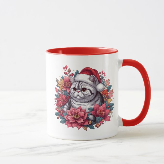 Christmas Exotic shorthair Cat, Floral Santa Kitty Mug (Right)
