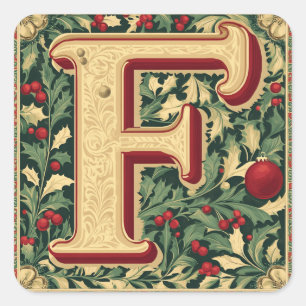 Christmas F Letter: Red, Green, Gold Design Square Sticker