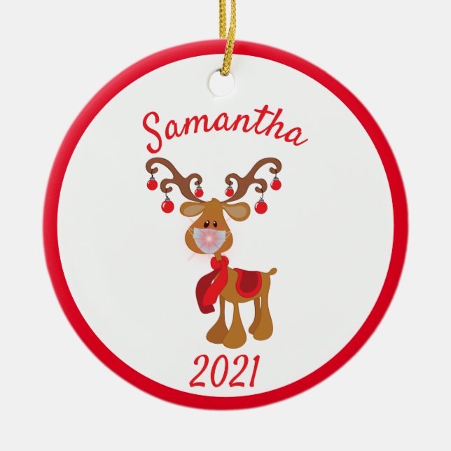 Christmas Face Mask Rudolph Reindeer 2021 Ceramic Ornament (Front)