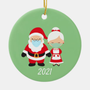 Christmas Face Mask Santa and Mrs. Claus Ceramic Ornament