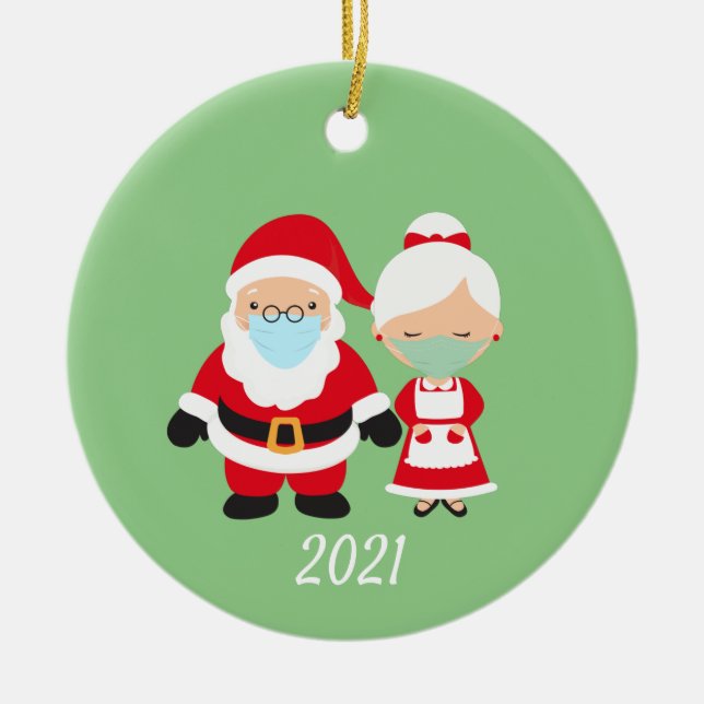 Christmas Face Mask Santa and Mrs. Claus Ceramic Ornament (Front)