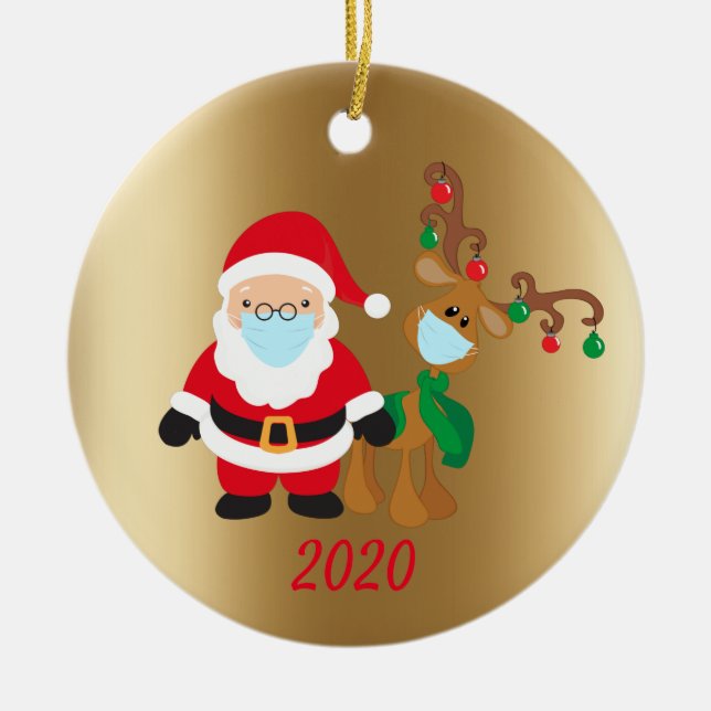 Christmas Face Mask Santa and Reindeer 2020 Gold Ceramic Ornament (Front)