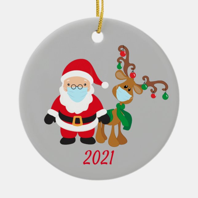 Christmas Face Mask Santa and Reindeer 2021 Ceramic Ornament (Front)