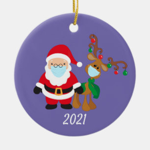 Christmas Face Mask Santa and Reindeer 2021 Ceramic Ornament