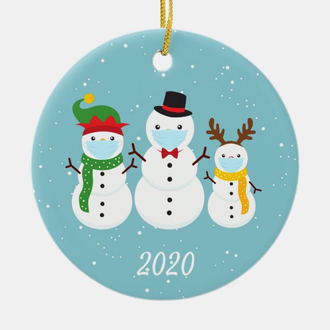 Christmas Face Mask Snowman Family 2020 Ceramic Ornament (Front)