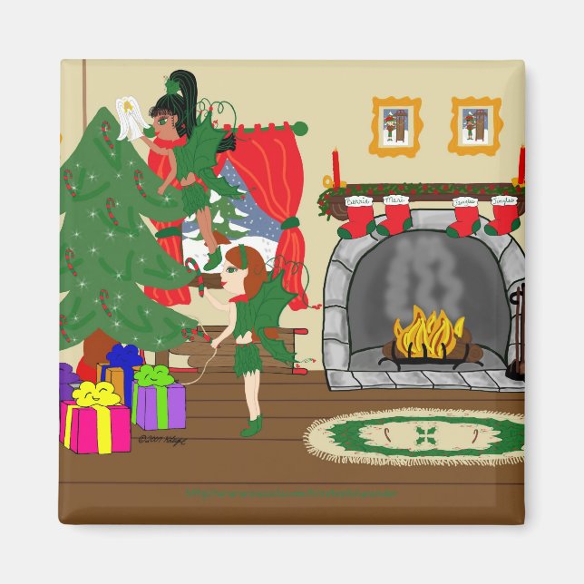 Christmas Fairies Trimming the Tree Magnet (Front)