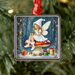Christmas Fairy atop a Mushroom Cottage Core Metal Ornament
