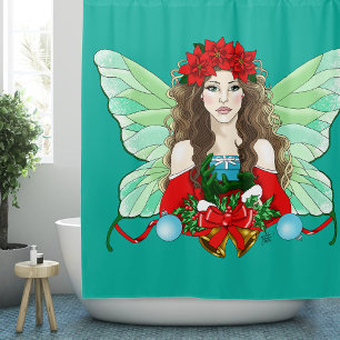 Christmas Fairy Brunette Red Green Poinsettias  Shower Curtain