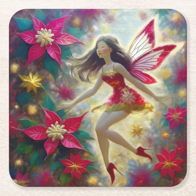 Christmas Fairy Collection - Dark Brown Hair Square Paper Coaster (Front)