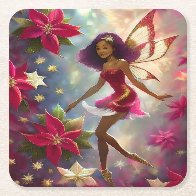 Christmas Fairy Collection Plum Tint Natural Hair Square Paper Coaster (Front)
