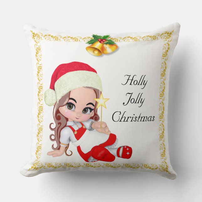Christmas Fairy Dressed in Red & Golden Bells Cushion (Front)