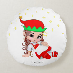 Christmas Fairy Dressed in Red & Stars Round Cushion