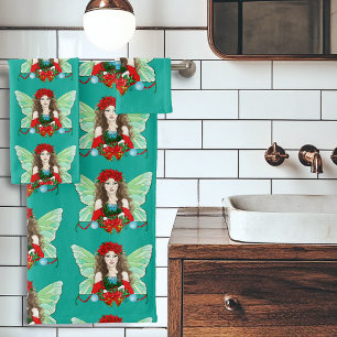 Christmas Fairy Fantasy Holly Bells Poinsettias Bath Towel Set