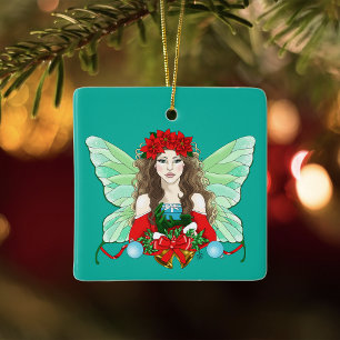 Christmas Fairy Fantasy Holly Bells Poinsettias Ceramic Ornament