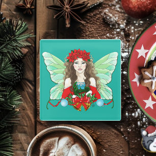 Christmas Fairy Fantasy Holly Bells Poinsettias Glass Coaster