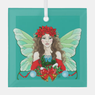 Christmas Fairy Fantasy Holly Bells Poinsettias Glass Tree Decoration