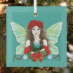 Christmas Fairy Fantasy Holly Bells Poinsettias   Glass Tree Decoration