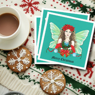 Christmas Fairy Fantasy Holly Bells Poinsettias Napkin