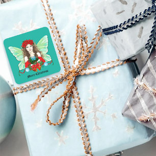 Christmas Fairy Fantasy Holly Bells Poinsettias Square Sticker