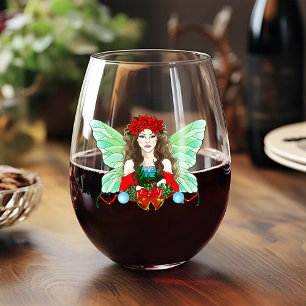 Christmas Fairy Fantasy Holly Bells Poinsettias Stemless Wine Glass