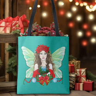 Christmas Fairy Fantasy Holly Bells Poinsettias   Tote Bag