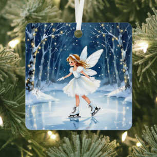 Christmas Fairy Ice Skating in an Enchanted Forest Metal Tree Decoration