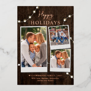 Christmas Fairy Lights Family Photos Rose Gold Foil Holiday Card