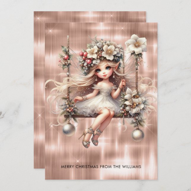 Christmas Fairy on Sparkle Rose Gold Background Holiday Card (Front/Back)