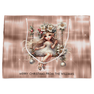 Christmas Fairy on Sparkle Rose Gold Background Large Gift Bag