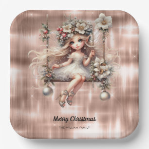 Christmas Fairy on Sparkle Rose Gold Background Paper Plate