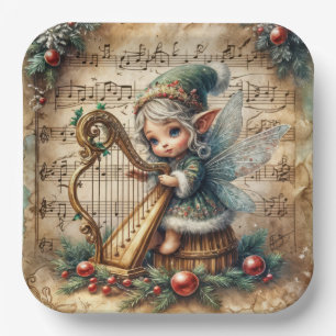 Christmas Fairy Playing a Harp Paper Plate
