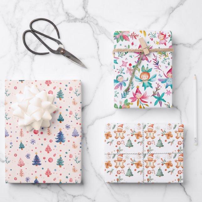 Christmas Fairy Tree Gingerbread Man Wrapping Paper Sheet (Front)