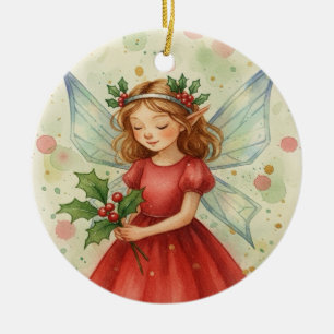 Christmas Fairy Watercolor Art Ceramic Ornament