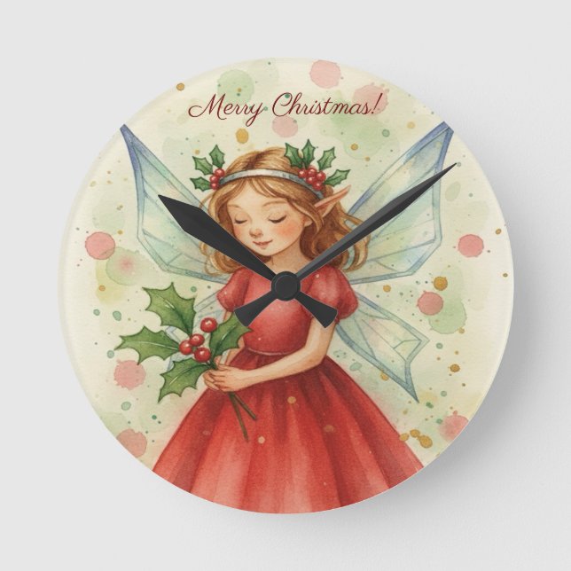 Christmas Fairy Watercolor Art Holiday Round Clock (Front)