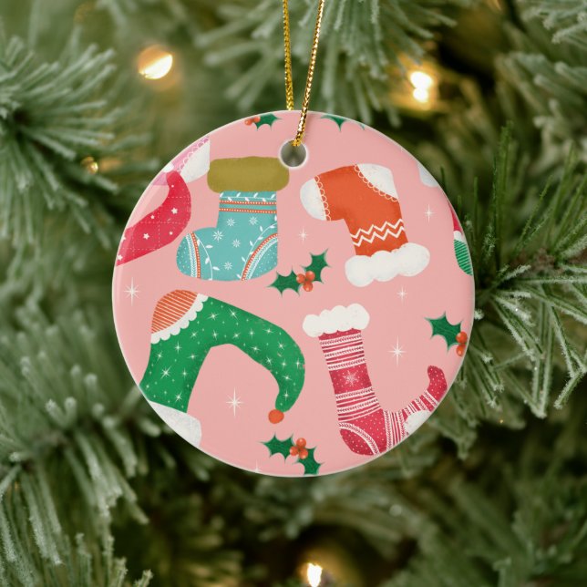 Christmas falalala pink -Stockings  Ceramic Ornament (Tree)