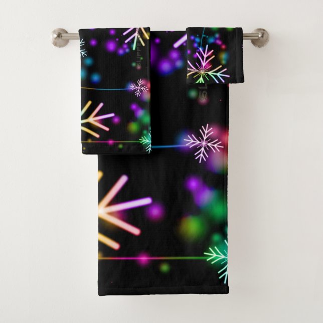 Christmas falling various neon colours snowflakes  bath towel set (Insitu)
