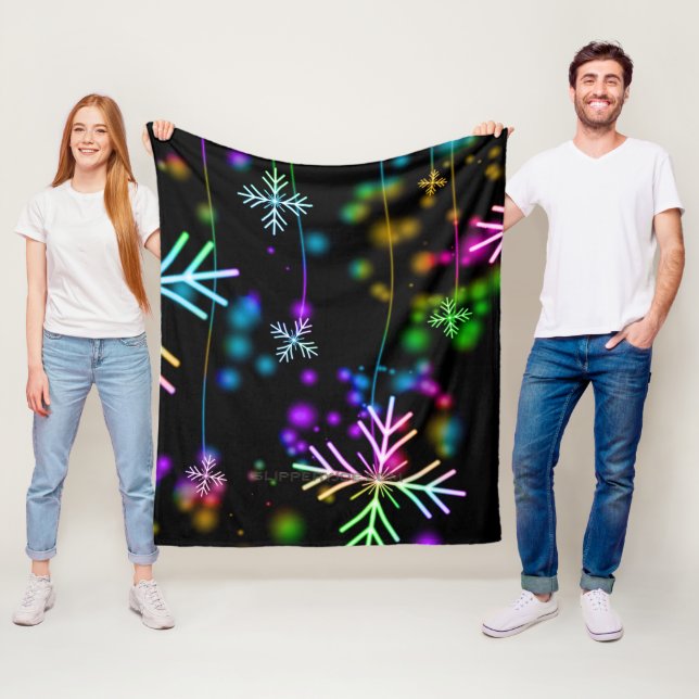 Christmas falling various neon colours snowflakes  fleece blanket (In Situ)