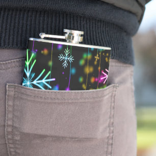 Christmas falling various neon colours snowflakes  hip flask