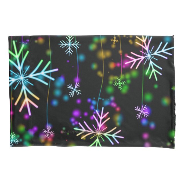 Christmas falling various neon colours snowflakes  pillowcase (Front)