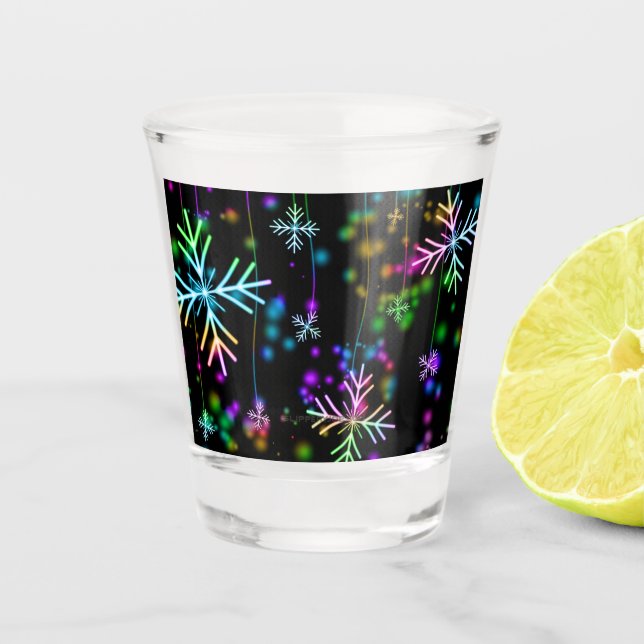 Christmas falling various neon colours snowflakes  shot glass (Front)