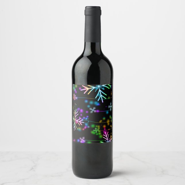 Christmas falling various neon colours snowflakes  wine label (Front)