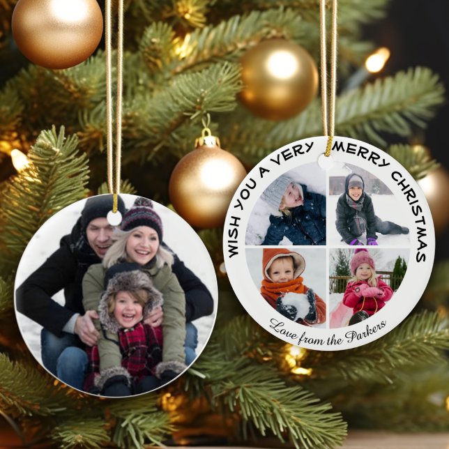 Christmas Family 5 Photo Collage Holiday Greeting Ceramic Ornament (Creator Uploaded)