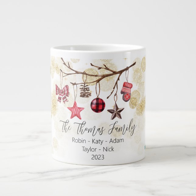 Christmas Family Branch Tree Red Gold Mitten Star  Large Coffee Mug (Front)