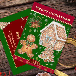 Christmas Family Card, Gingerbread Man, Red /Green Foil Holiday Card