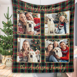 Christmas Family Custom 4 Photos Holiday Plaid  Fleece Blanket