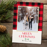Christmas Family Custom Photo Rustic Red Folded Card<br><div class="desc">Add a little whimsical charm to the holiday season with a custom photo Christmas card! Your favourite photo paired with a traditional Buffalo Plaid pattern, and a vintage-inspired illustration of a Scottish Terrier wearing a bow. Personalise the template with your family name, personal message, and year. Simple, cute, and fun...</div>