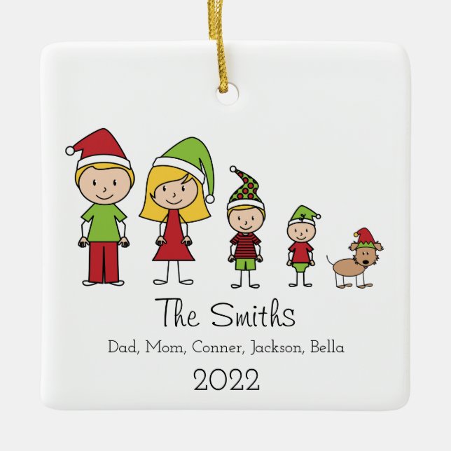 Christmas Family Cute Personalised With Dog Ceramic Ornament (Front)